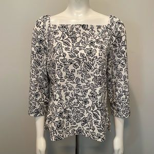 Anthropologie Melloday Square Neck Top in Black and White Floral Print Size L
